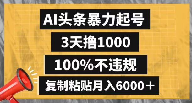 AI头条暴力起号，3天撸1000,100%不违规，复制粘贴月入6000＋【揭秘】-一课资源